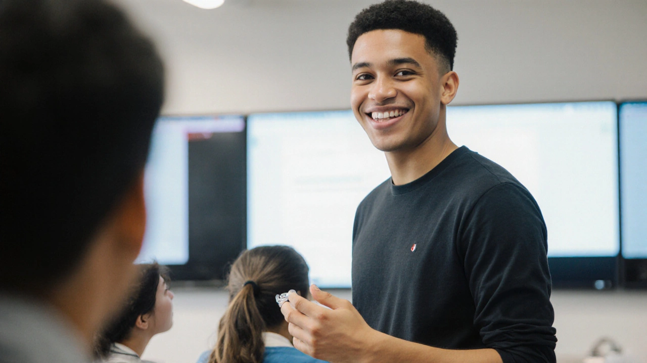 Teen presenting confidently in class wearing clear aligners.