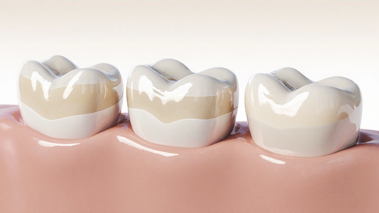 Three types of ceramic dental crowns displayed on gum-like surface with natural light.