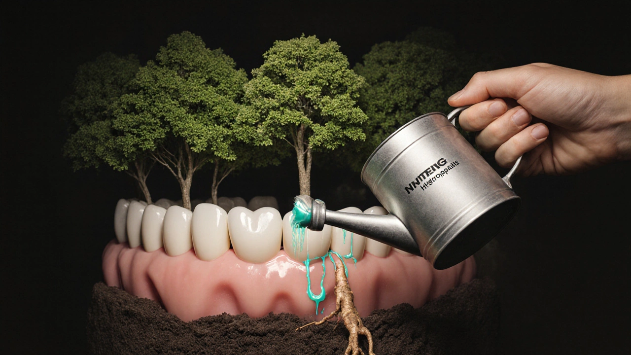 Ústní dutina jako zahrada: zdravé dásně jako zelené listy, bělící pasta jako chemická kapalina ničící kořeny.