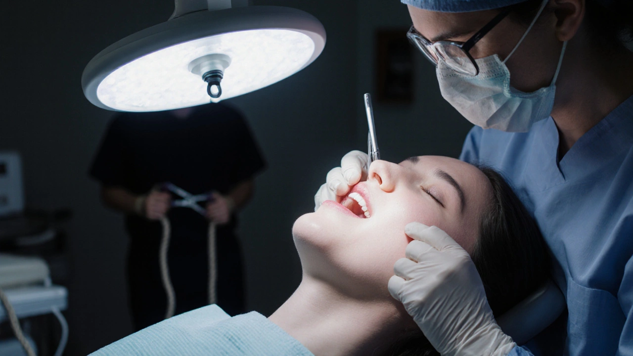 Zubař odstraňuje zub v klinice, zatímco v pozadí je stín s kleštěmi — kontrast odborné péče a nebezpečného pokusu.