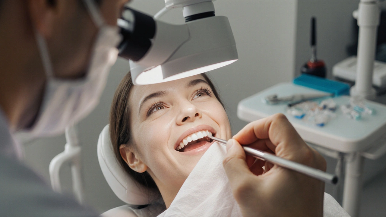 Zubař opravuje přední zub kompozitní výplní v klinice.