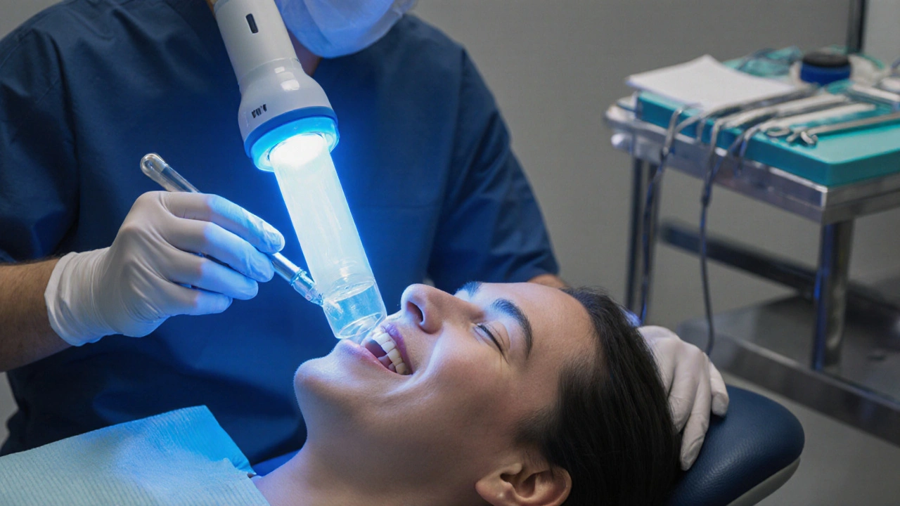 Zubař provádí profesionální vybělení zubů pomocí LED světla.