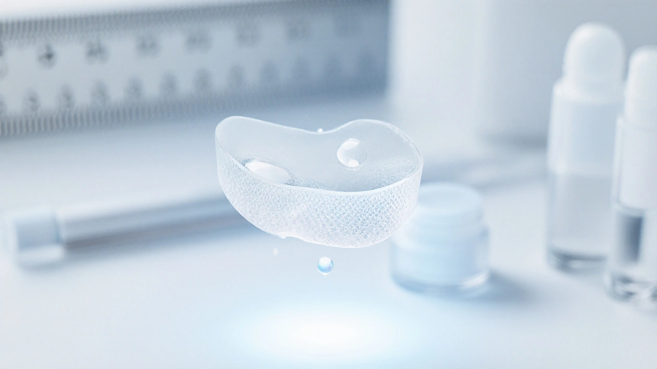 Zubní fólie ve zvětšení s kapkami lepidla, viditelná jemná struktura.