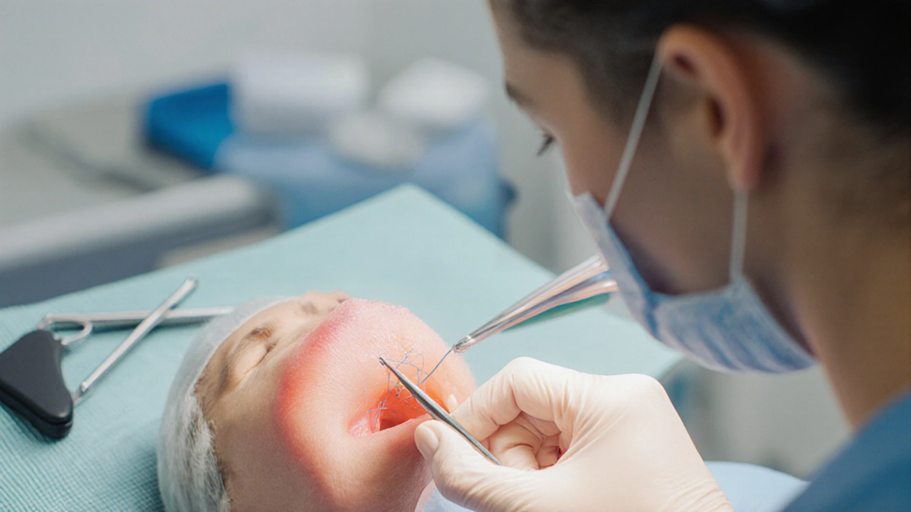 Zubní lékař odstraňuje stehy z dásně pomocí nástrojů v klinickém prostředí.