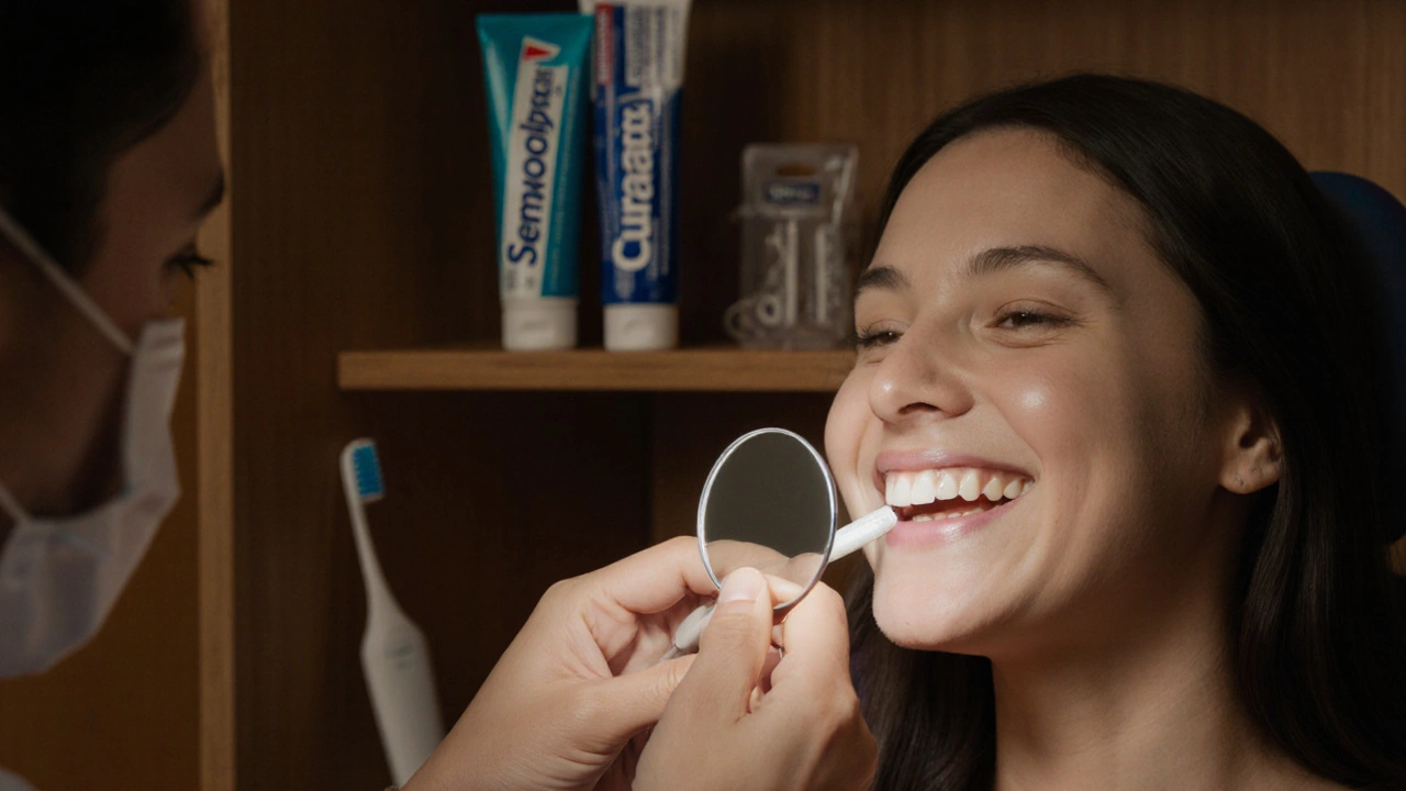 Zubní lékař vyšetřuje přední zuby pacienta s důrazem na prevenci.