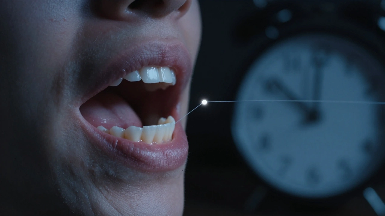 Černá dírka na zubě v nočním světle s nití a hodinami ukazujícími opomenutí.