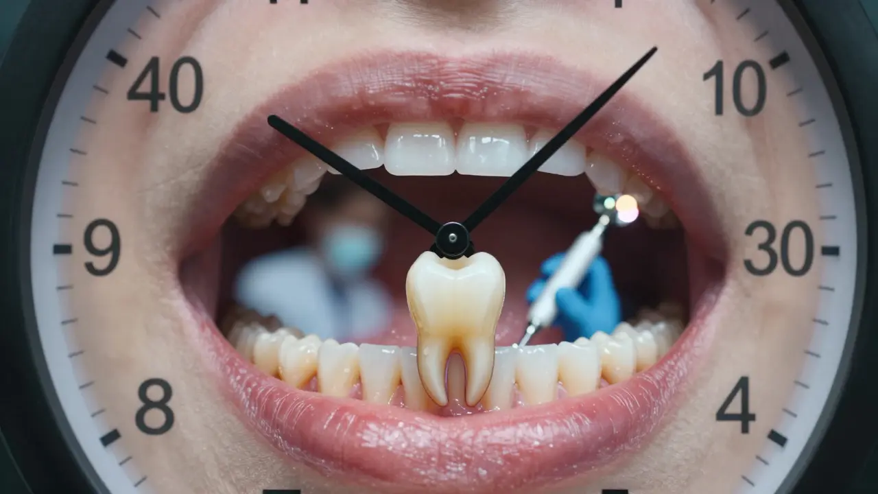Clock superimposed on mouth showing wisdom teeth emerging at different ages.