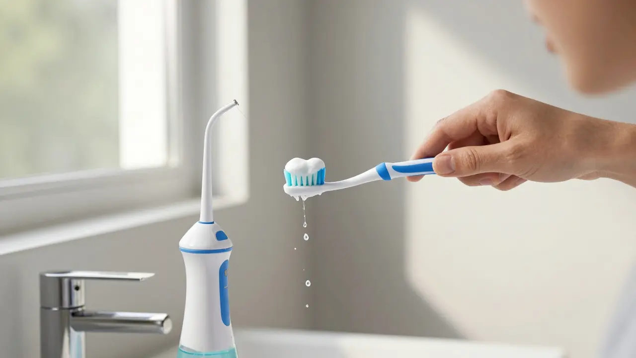 Člověk čistí zuby s rovnátky mezizubním kartáčkem a irigátorem.