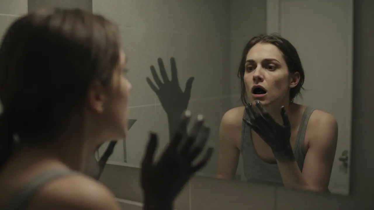 Člověk se dívá do zrcadla a vidí černý zubní kámen, zatímco stíny symbolizují zdravotní a psychologické důsledky.