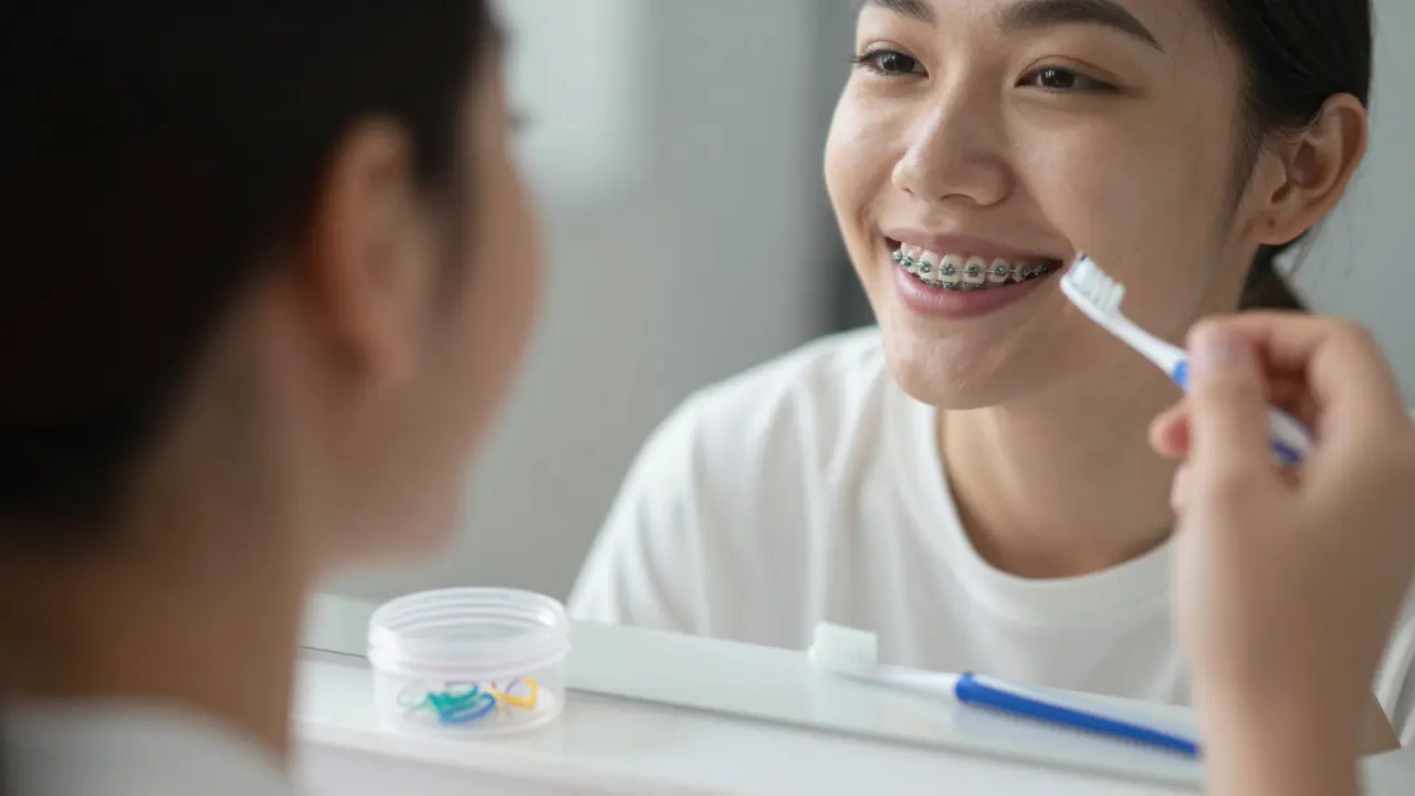 Člověk se usmívá do zrcadla s rovnátky a gumičkami.