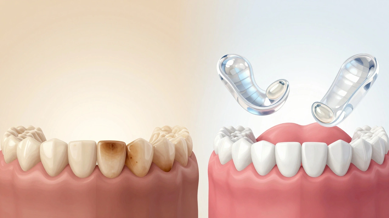 Comparison of stained teeth versus noticeably whiter teeth.