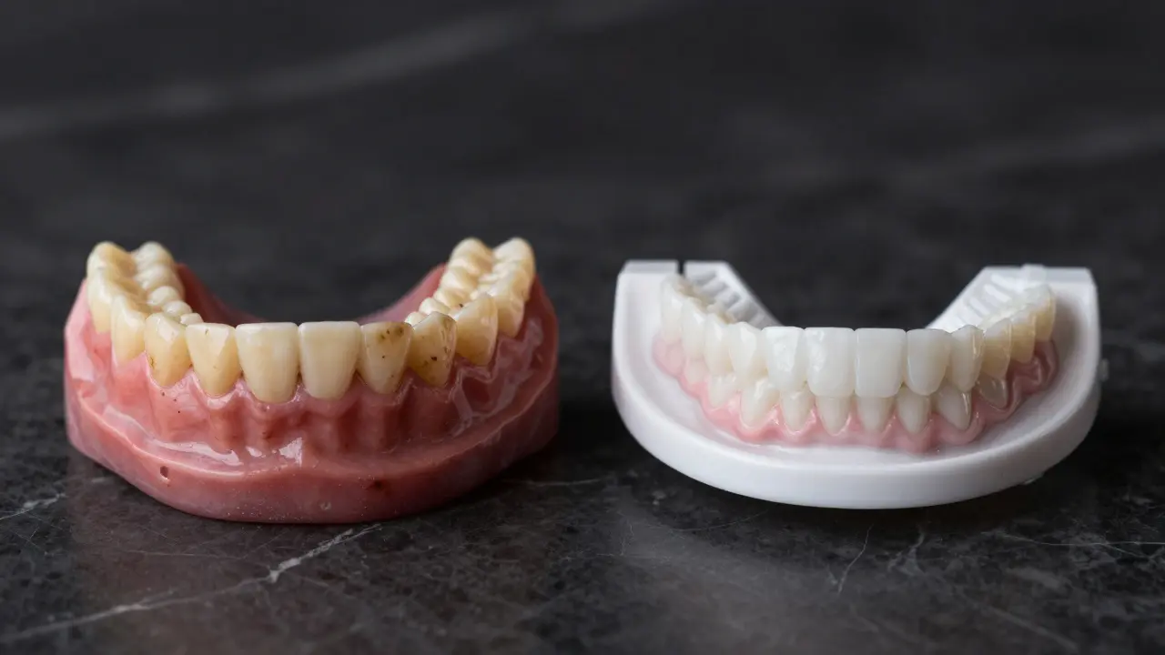 Contrasting before and after teeth whitening with Opalescence gel tray.