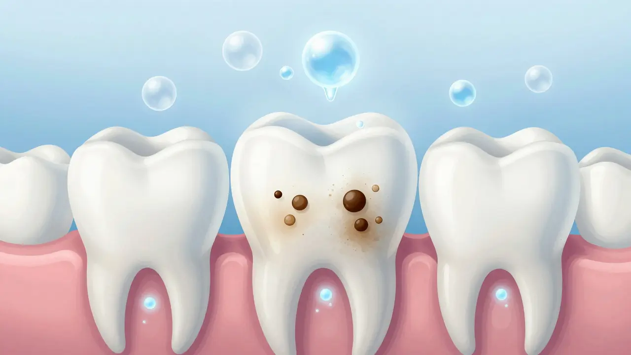 Cross-section of tooth showing peroxide molecules breaking down stains inside enamel.
