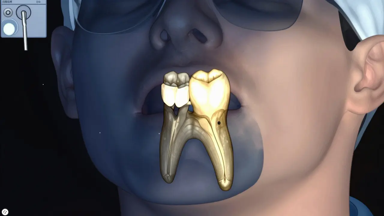 Dentista sleduje 3D rentgenový obraz kořene horního řezáku, který je výrazně delší než ostatní zuby.