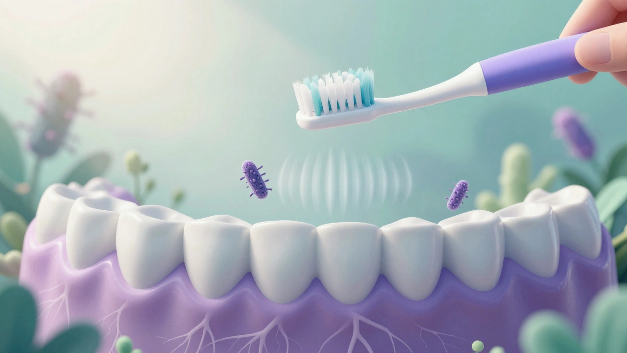 Koncepční obraz dásní jako klidné zahrady, kde sonické vlny odstraňují bakterie.