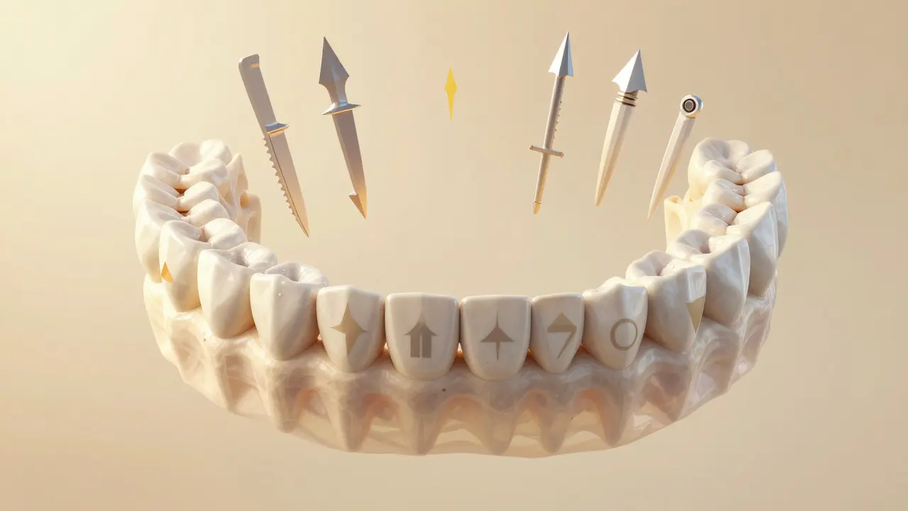 Konceptuální zobrazení čelisti s funkcemi zubů vyjádřenými symboly jako listy, oštěpy a kameny.