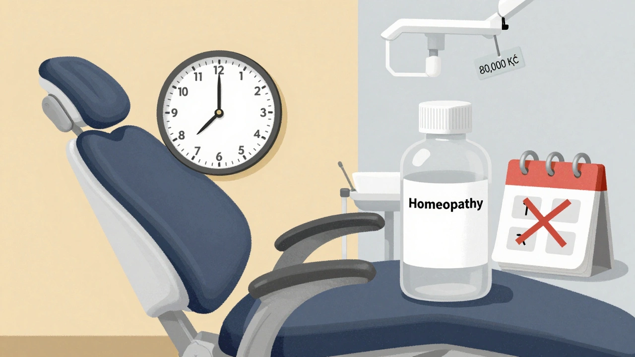 Kontrast mezi ortodontickými bráckami a prázdnou láhví homeopatie s časem a cenou.