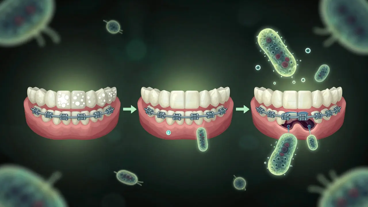 Konzepční znázornění vzniku bílých skvrn a dutin u zubů s rovnátky.