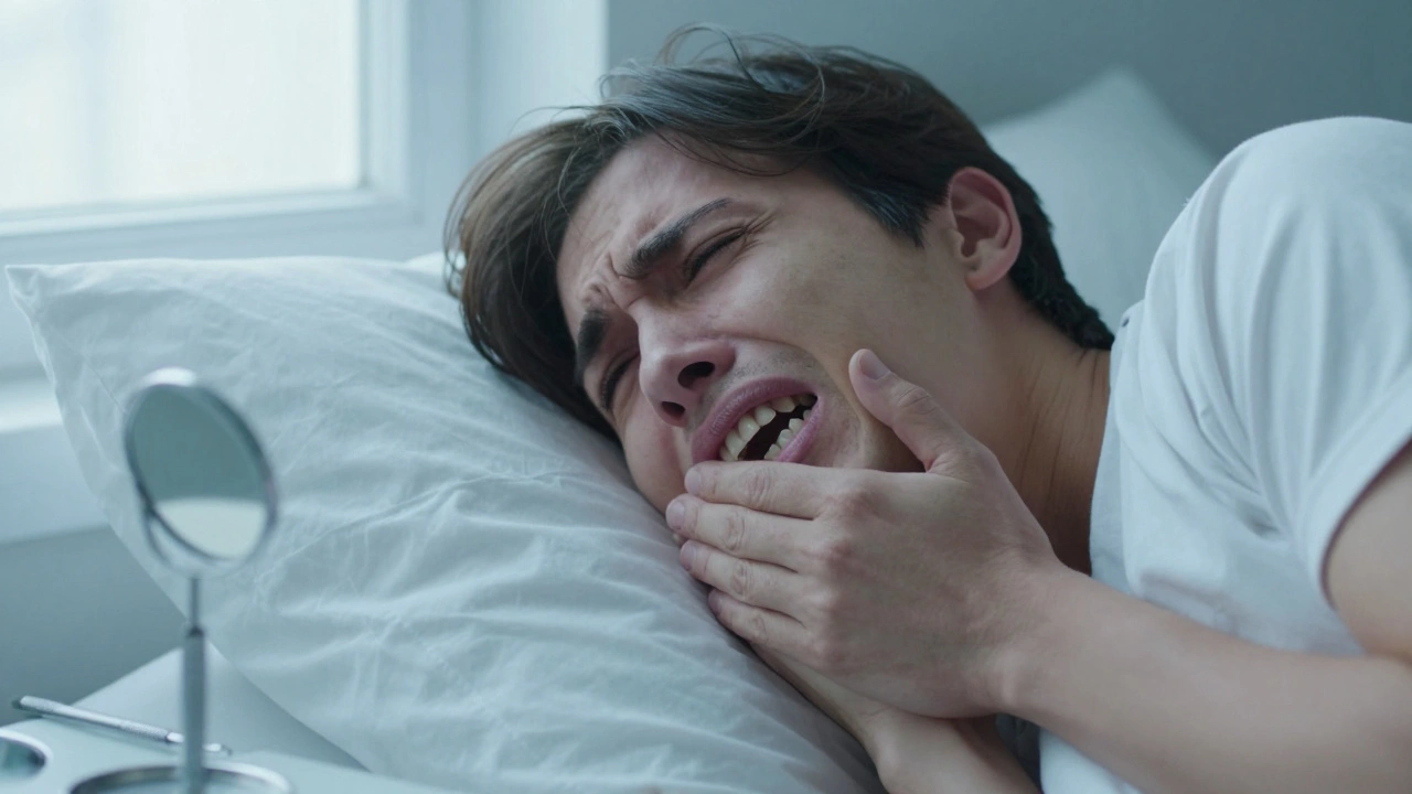 Muž se probouzí s bolestí čelisti, znaky škrábaní zubů během spánku.