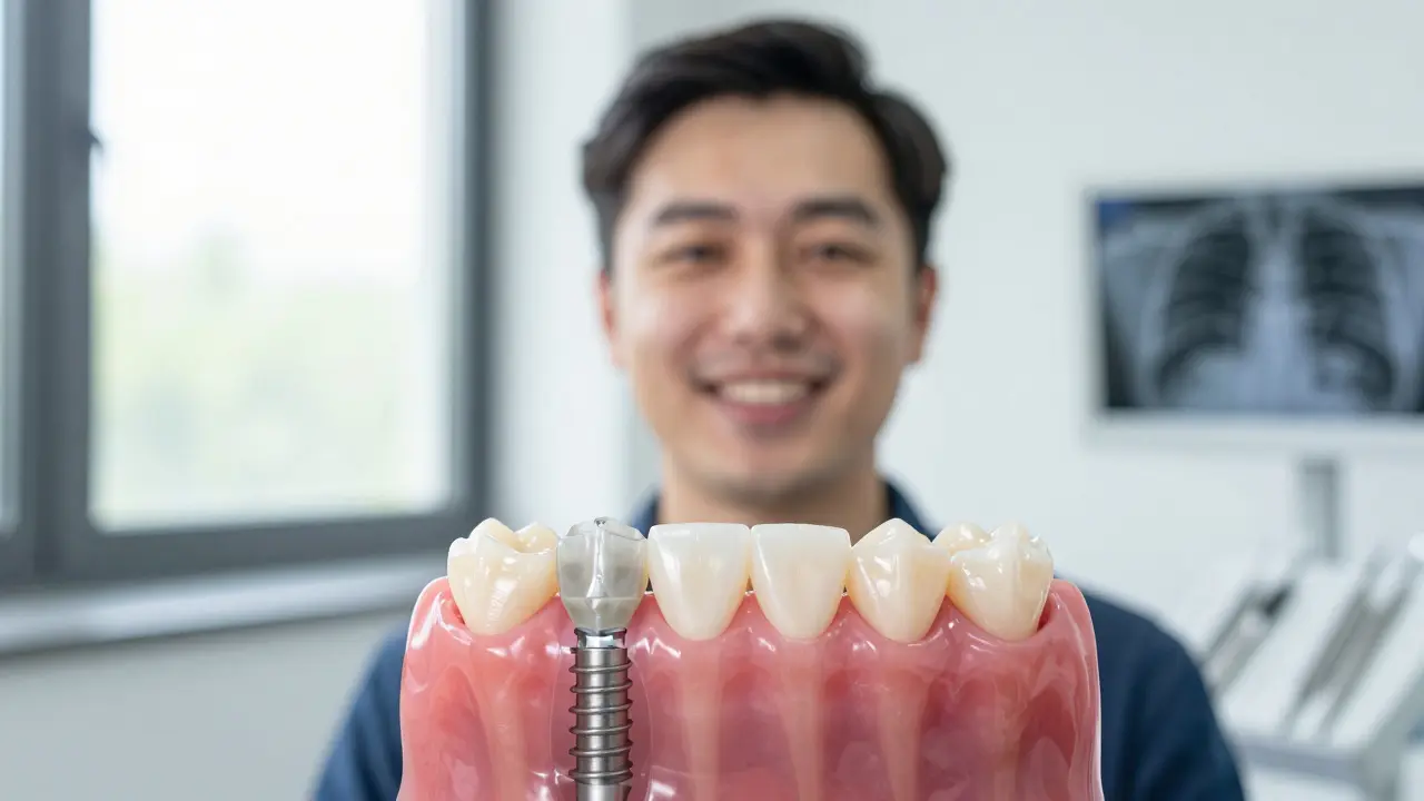 Pacient se usmívá s novým zubním implantátem, který vypadá jako přirozený zub.