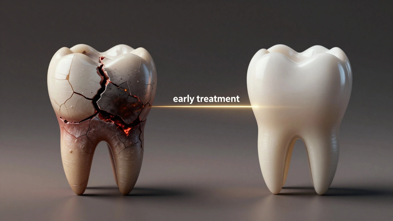 Porovnání poškozeného zubu a zdravého zubu s výplní – prevence versus následky.