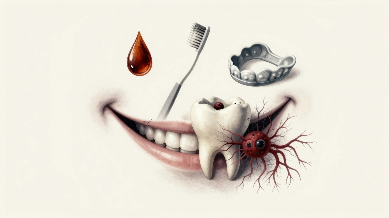 Přední zub se zhroutí zevnitř, kolem něj plavou symboly kyseliny, kartáčku a nočního štítu.