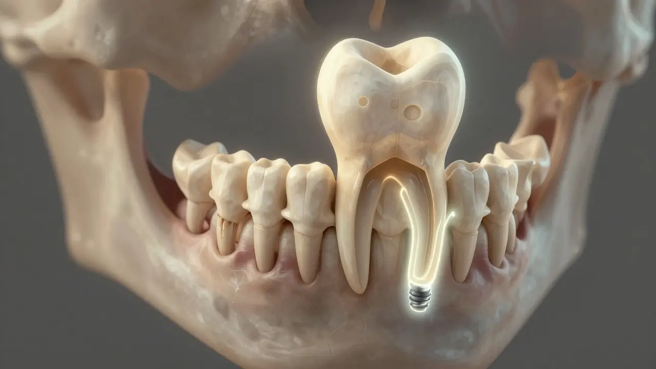 Přehled čelisti s výraznou ztrátou kosti v místě vytaženého zubu.