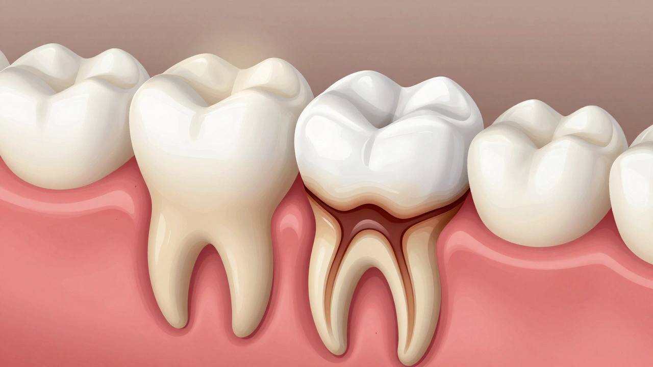 Příčný řez zubem s kariesem a výplní, ukazující rozšíření infekce a její zastavení.