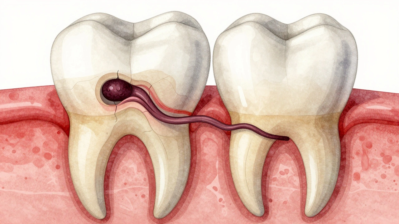 Příčný řez zubem s prasklinou sahající k dřeni a bakteriemi