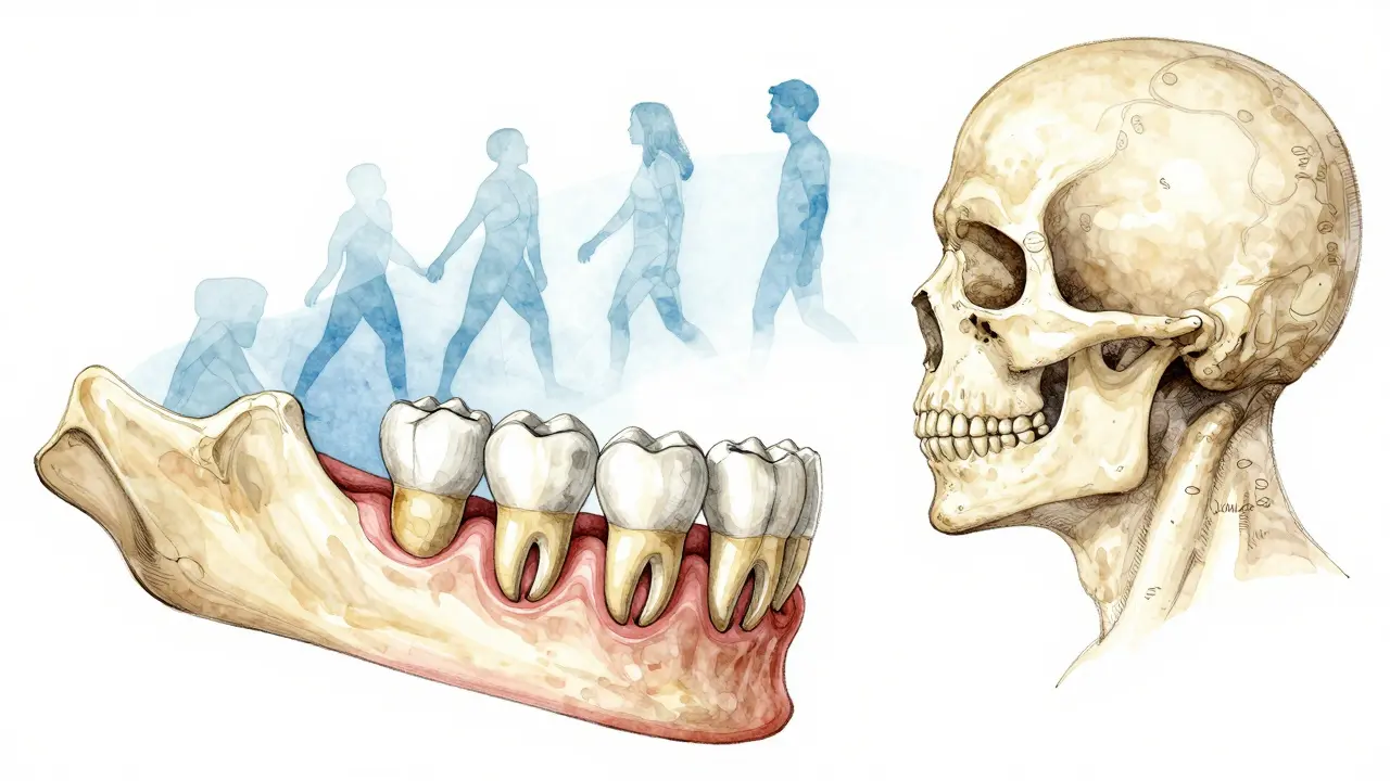 Profile view of jawbone with wisdom teeth erupting at different angles.