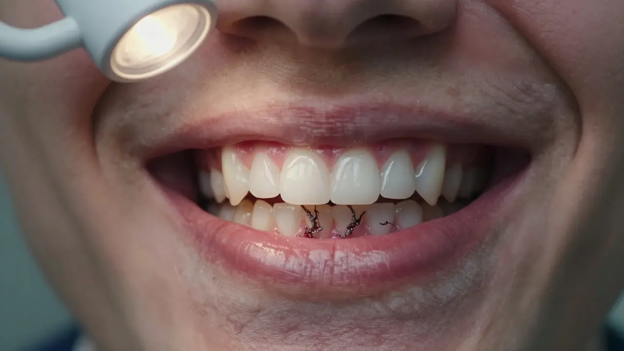 Průhledné dásně ukazují skrytý poddásňový kámen pod čistým úsměvem.