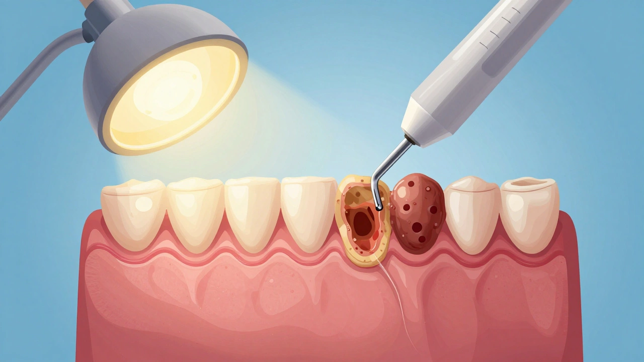Průřez dásně s bakteriemi a zubním kamenem během čištění.