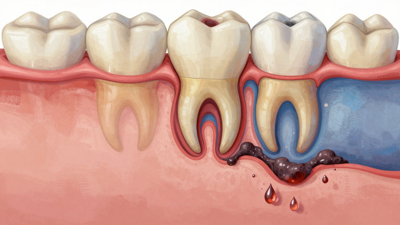 Průřez zubem ukazující postupný rozklad skloviny, dentinu a pulpy.