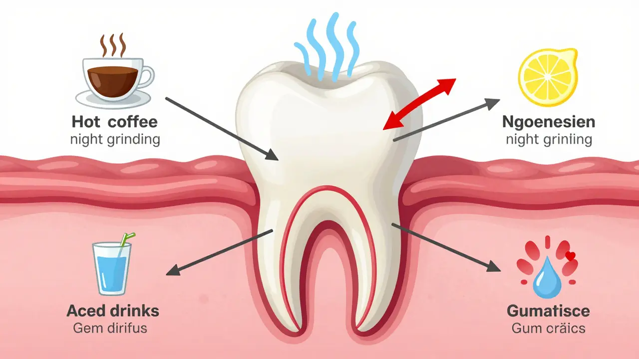 Průřez zubu s odhaleným kořenem a mikroskopickými trubičkami v dentinu, označenými zdroji bolesti.