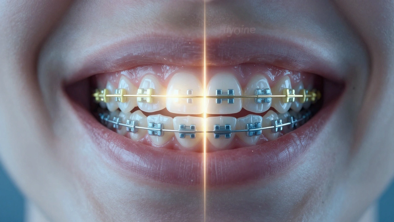 Půlka úst s čistými zuby a polovina s plakem a zbarvenými vazbami.