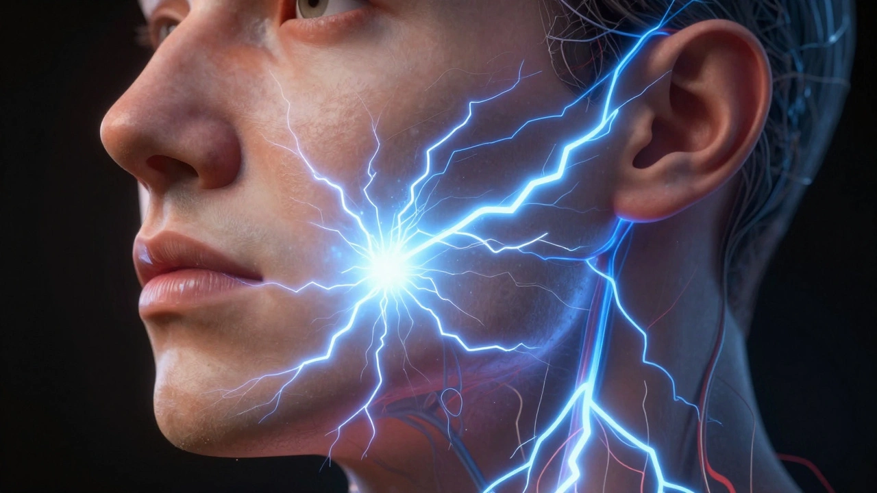 Schematický vývoj bolesti trigeminální neuralgie jako elektrických výbojů v obličeji.