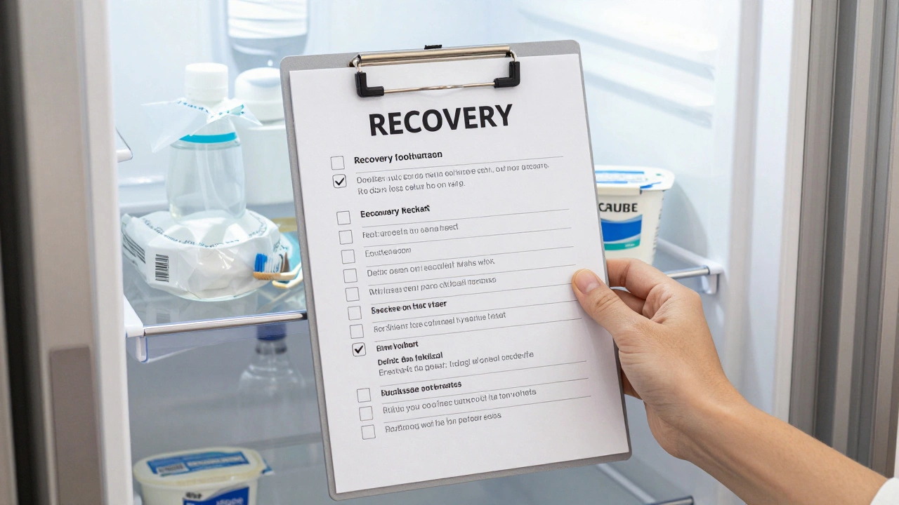 Seznam pro hojení po kyretáži připnutý na lednici s potravinami.