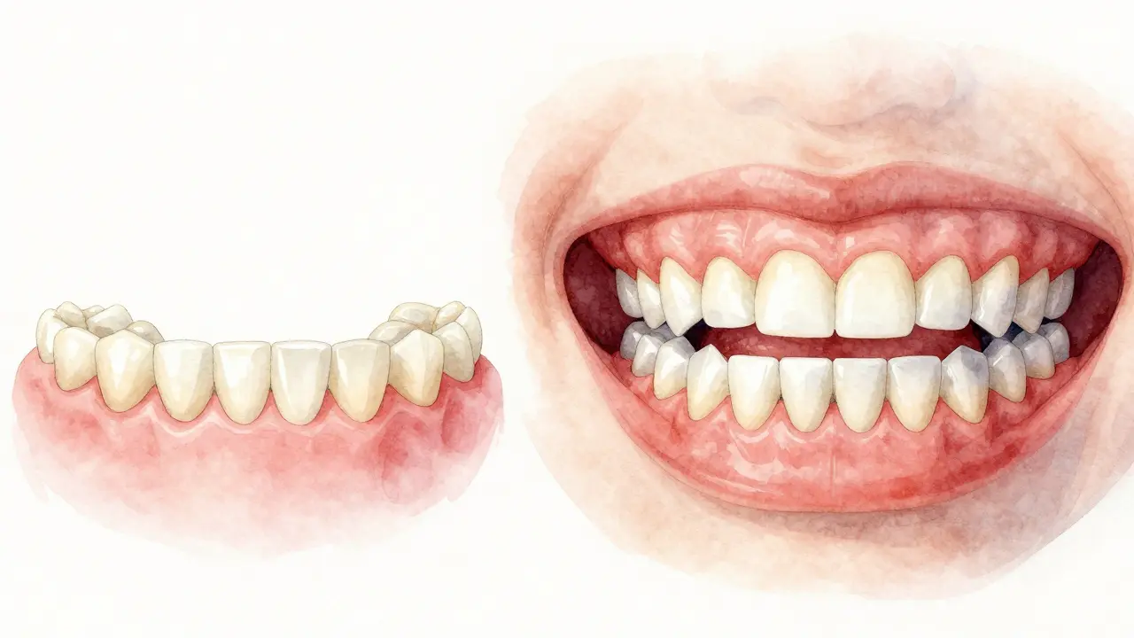 Srovnání mléčných a trvalých zubů v mírném vodové barvě, znázorňující přechod v dětském věku.