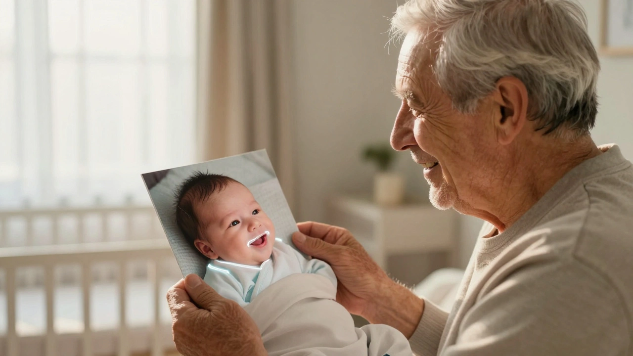 Starší muž drží fotku vnuka, oba se smějí, s jemným zářivým výrazem kolem zubů.