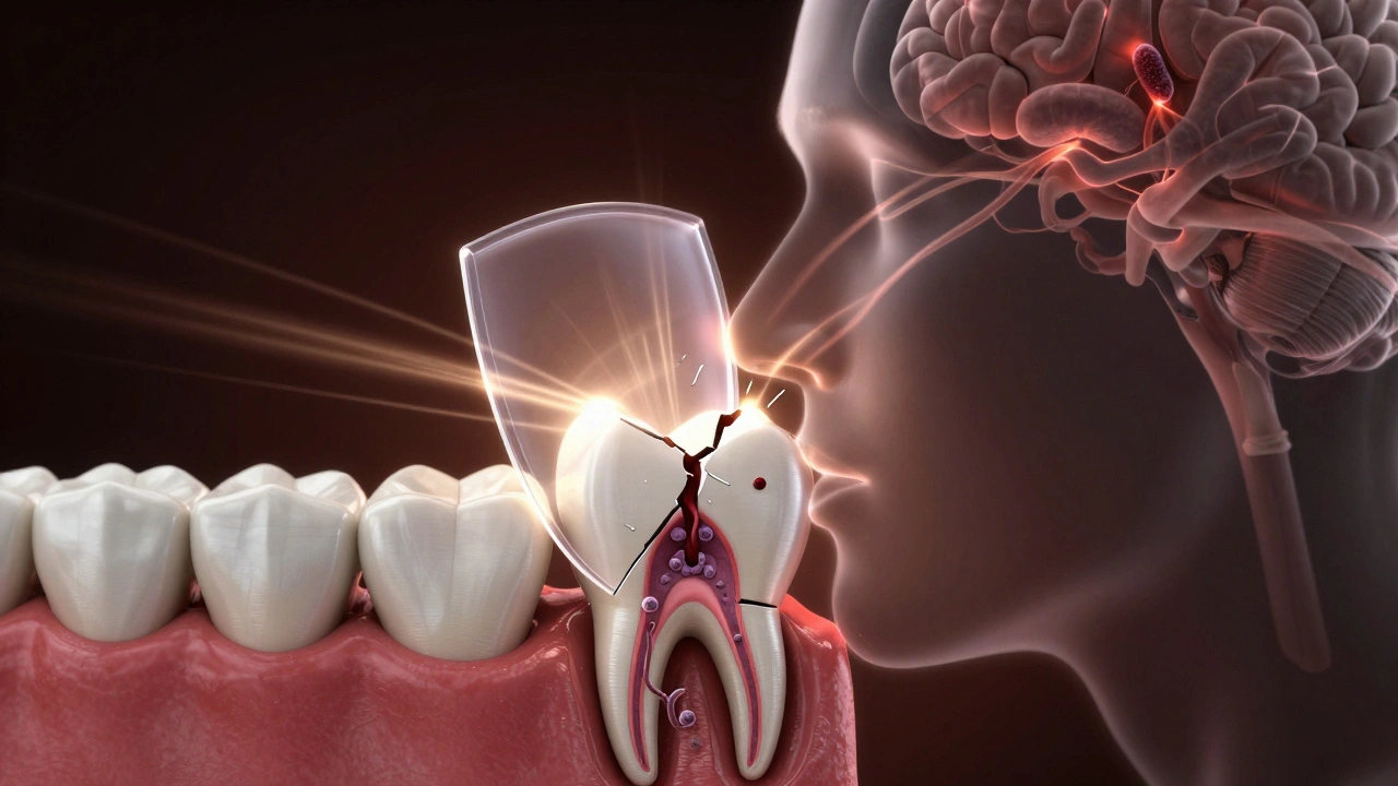 Symbolický obraz trhliny v zubu a infekce šířící se do kořene a čelisti.