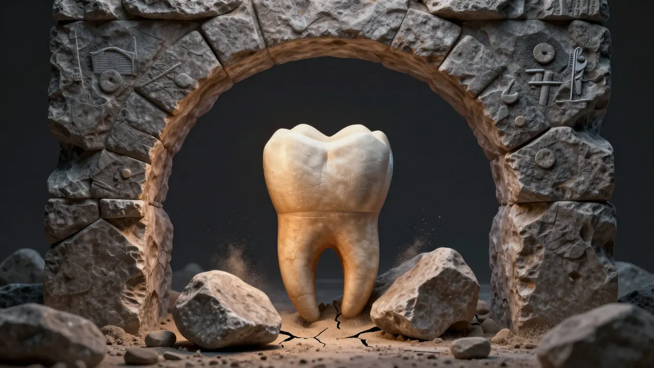 Symbolický obraz ztraceného kořene zubu, který způsobuje rozpad celé ústní dutiny jako zřícený kamenný oblouk.