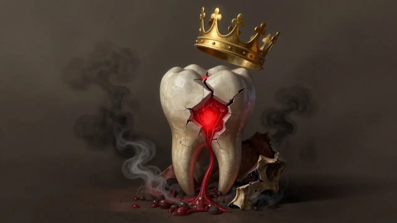 Symbolický obraz zubu s hořícím nervem a krytou korunkou