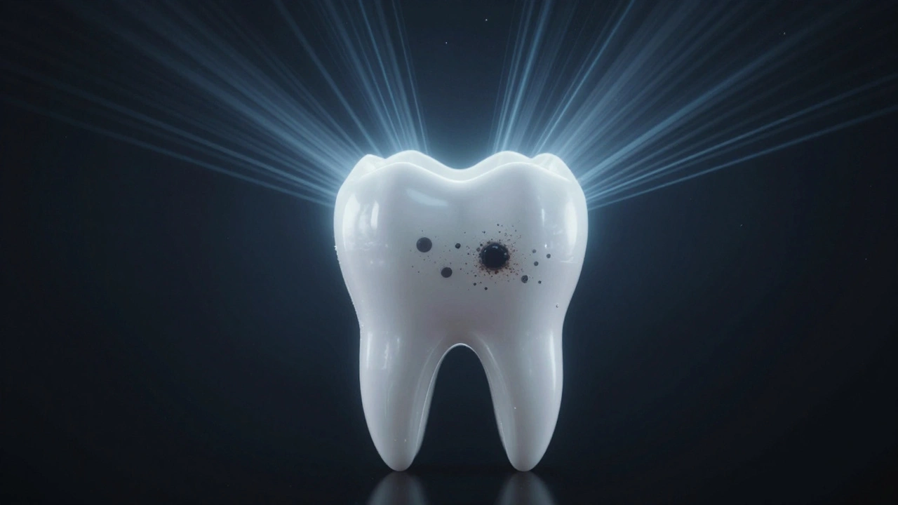 Teeth glowing with light as whitening gel works inside enamel.