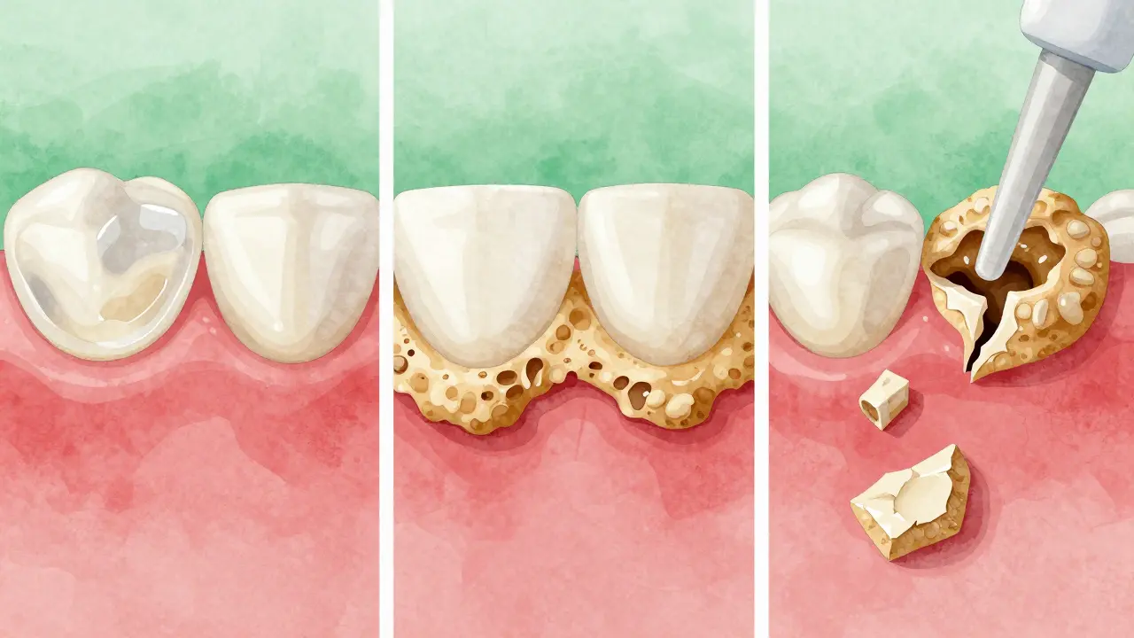 Tři panely znázorňují přeměnu plaku na zubní kámen a jeho odstranění.