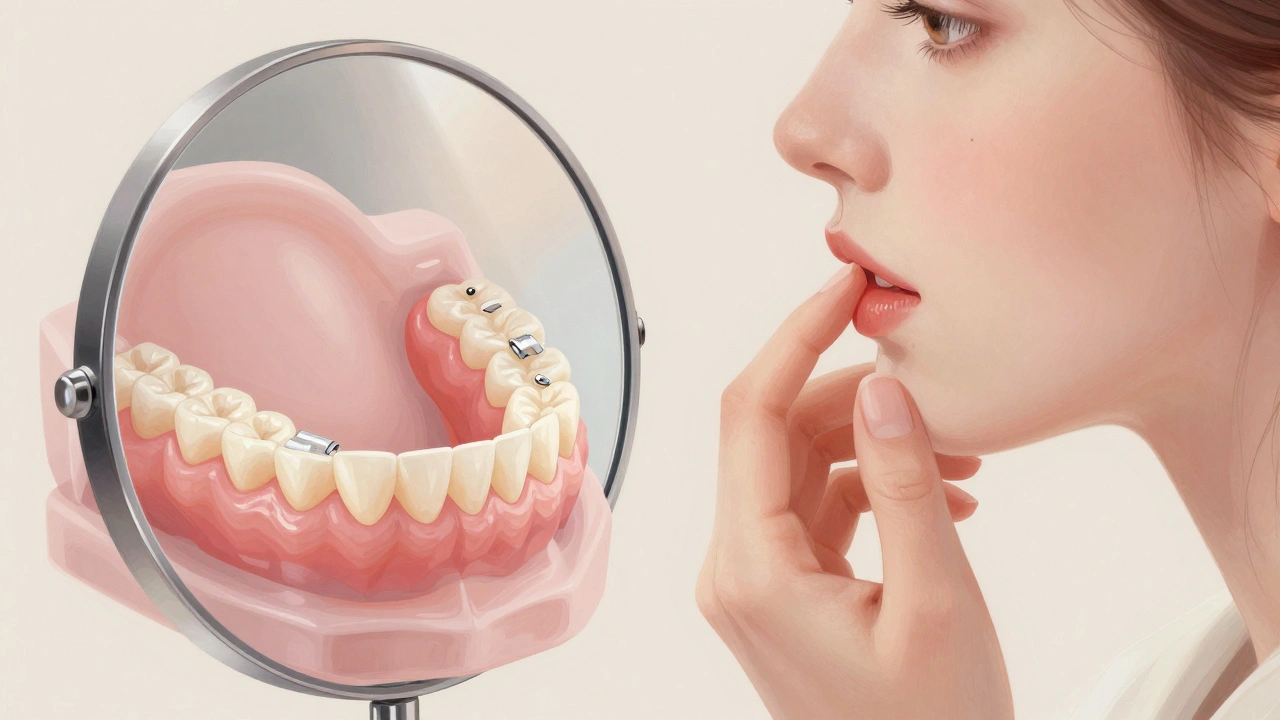 Žena se dívá do zrcadla, kde je polopřehledně vidět struktura moderních zubních protéz.
