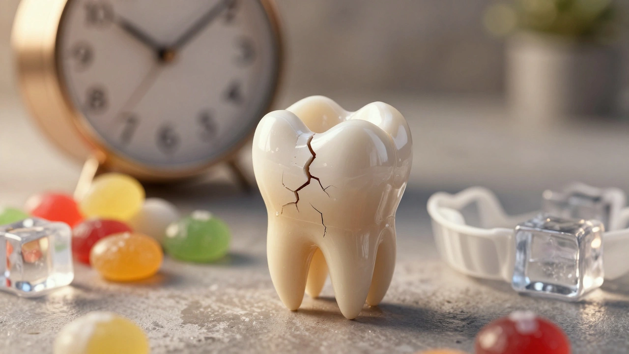 Zub v korunce jako pancíř, s odloženými rizikovými předměty v pozadí