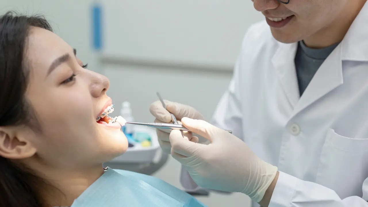 Zubař aplikuje fluoridový lak pacientovi s rovnátky, viditelné zbledlé skvrny.