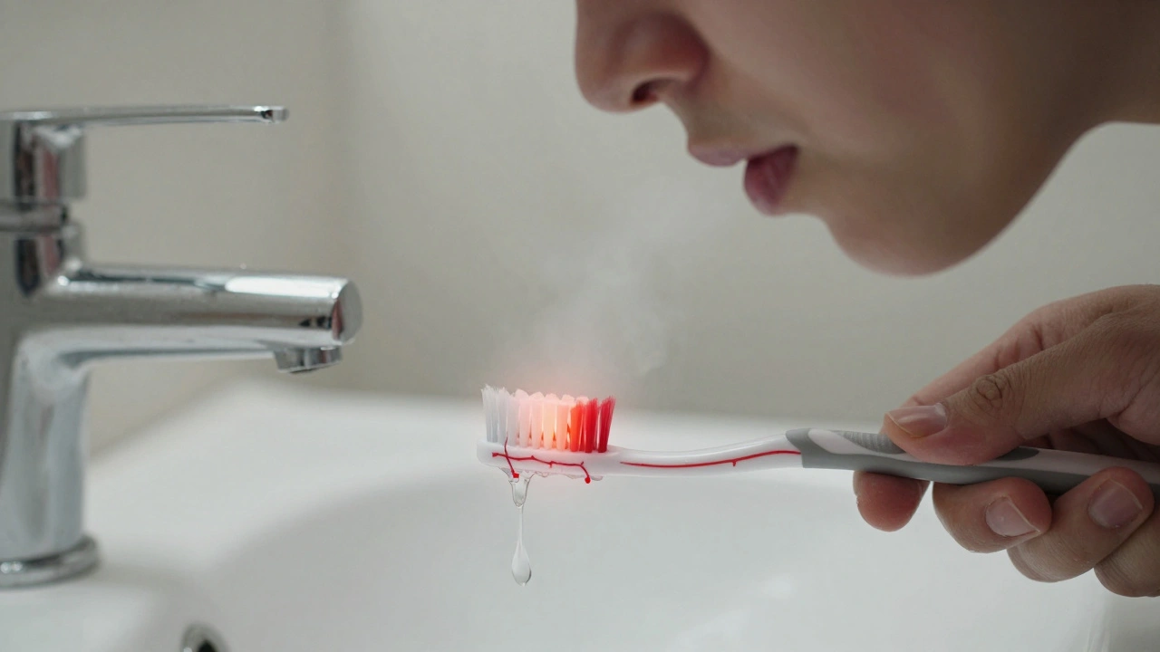 Zubní kartáček zastavený nad mydlinkou, s překryvem nervové bolesti místo zubů.