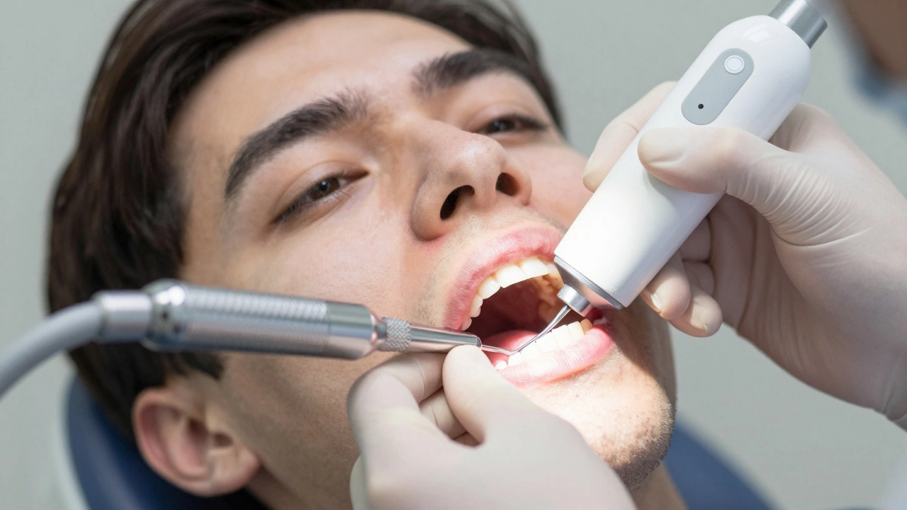 Zubní lékař odstraňuje kámen ultrazvukovým čističem