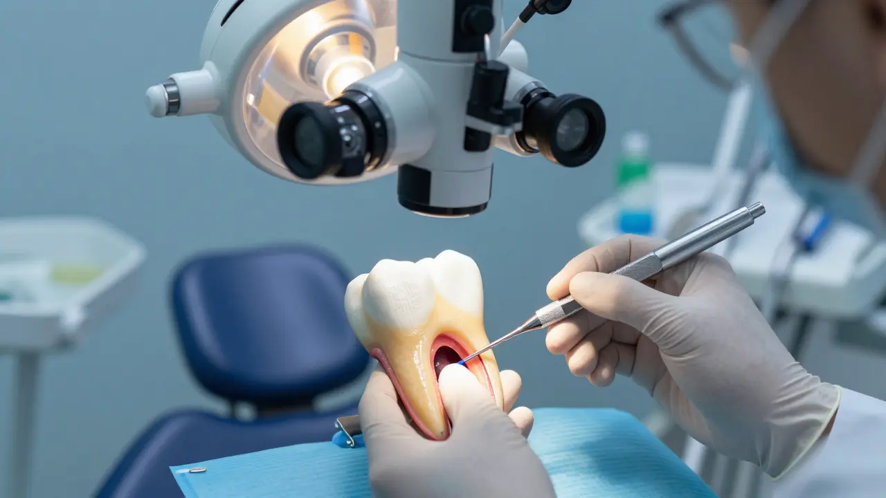 Zubní lékař používá mikroskop k léčbě kořenového kanálu